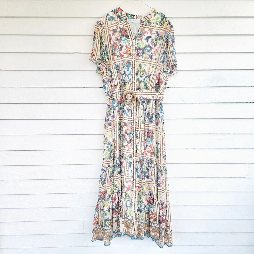 Elie Tahari Aimee Summer Palace Tiered Floral-Print Midi/Maxi Dress SIZE 14 - Picture 4 of 16